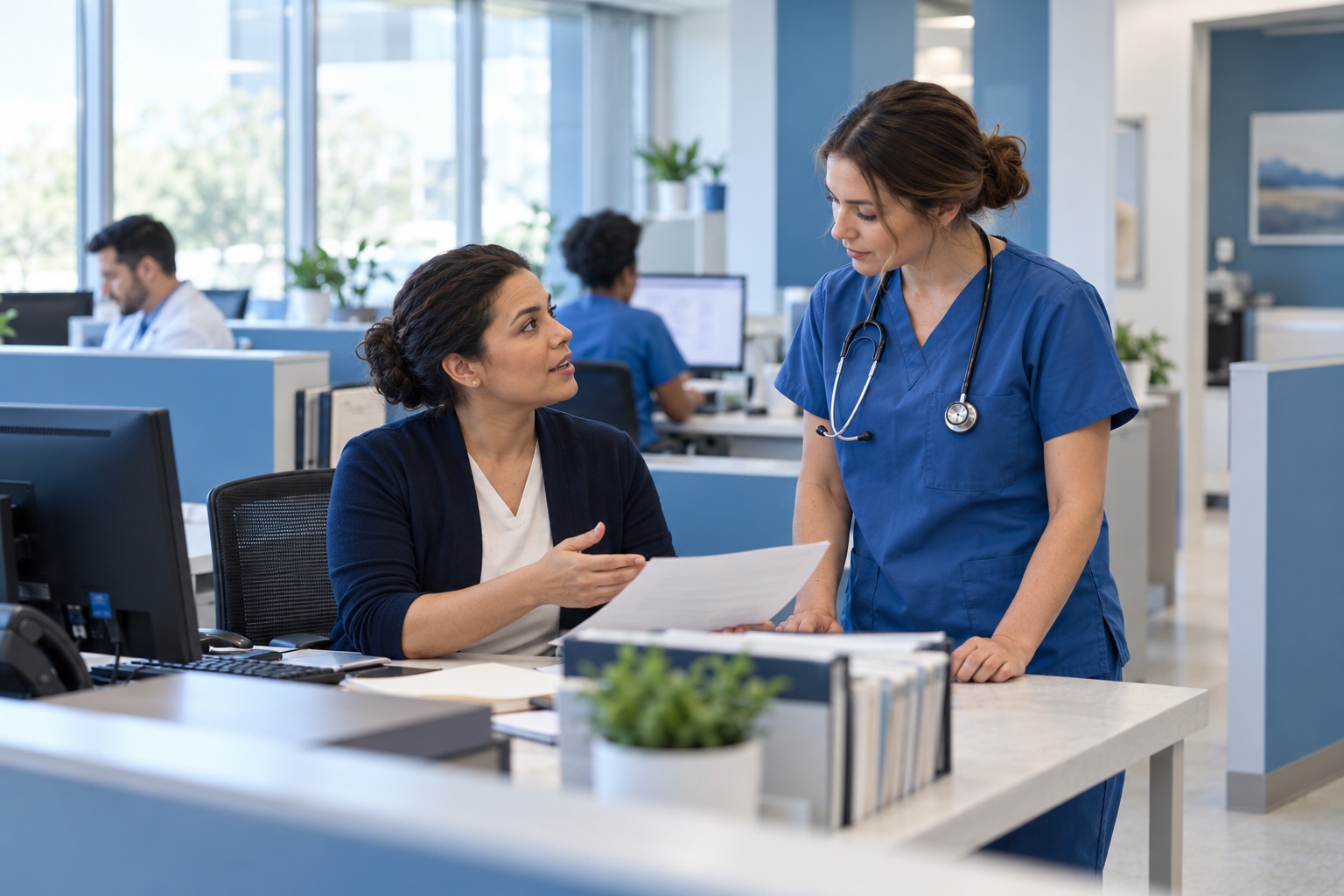 Authorization coordinator working with a clinician before an appointment