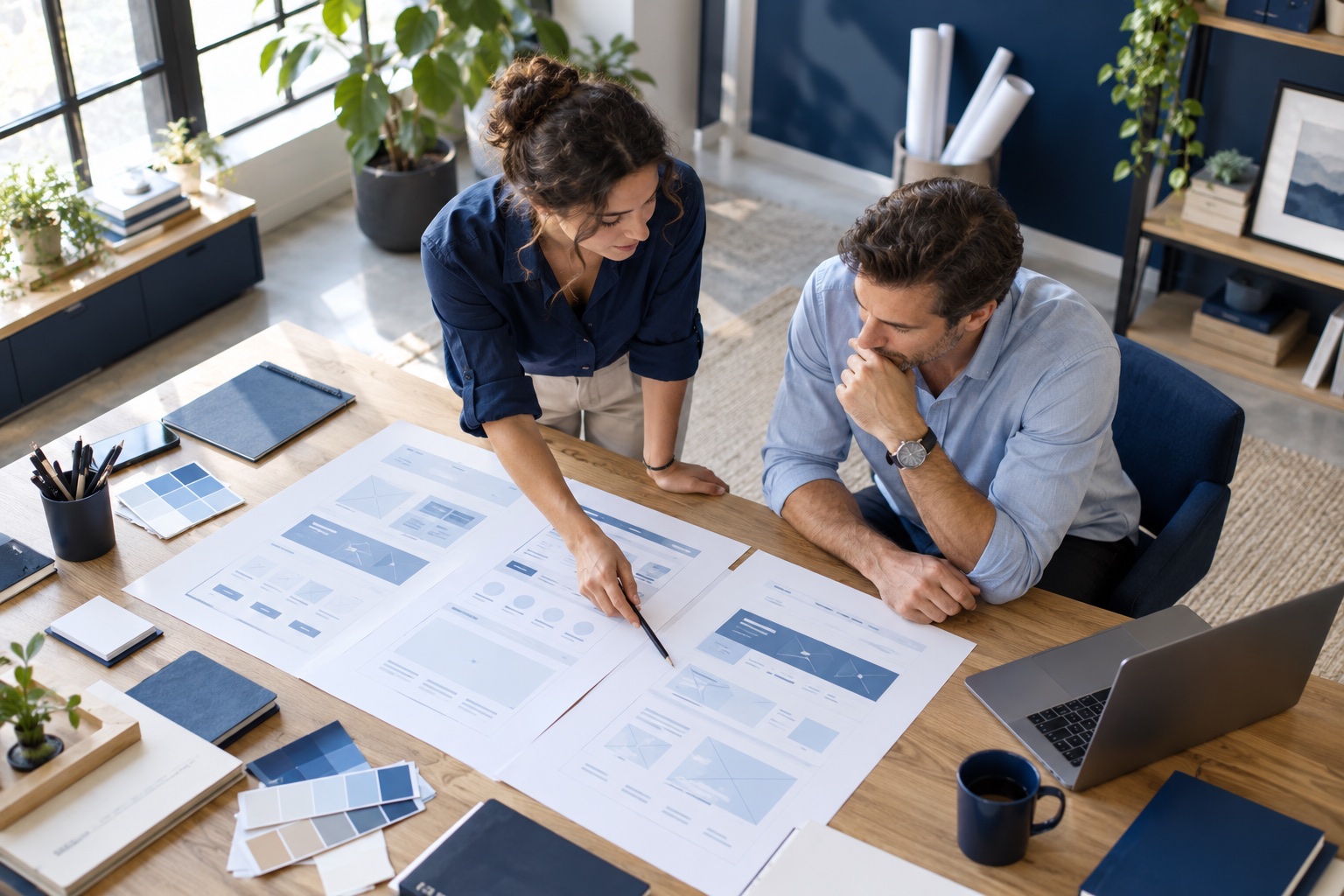 Web designer and client planning page layouts